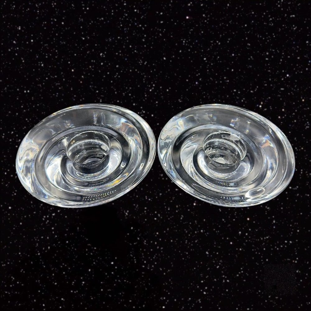 Vintage Miller Rogaska Clear Tapper Candle Stick Holder Set 2 Votive Swirls‎ VTG